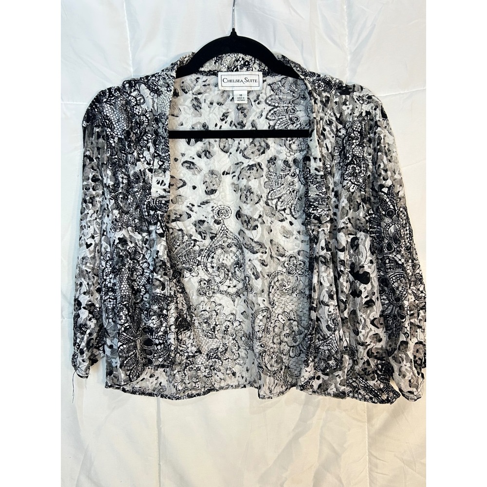 Chelsea Suite Women's Size 18 Black White Lace Overlay Open Front‎ Cardigan